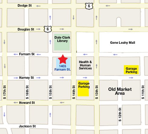 Map showing Dr. Stormberg's office at 1403 Farnam Street, near 14th and Farnam in downtown Omaha, with nearby parking garages marked.